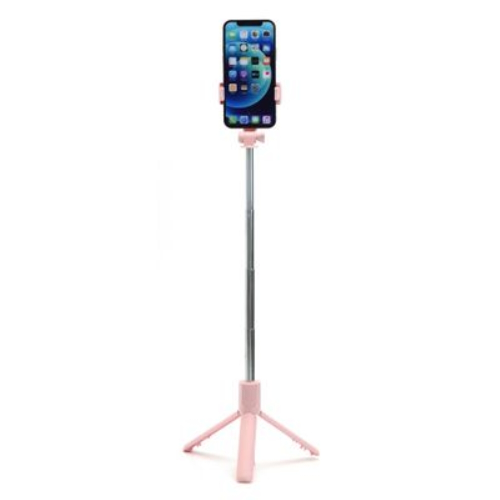 Combo selfie stick with tripod and remote control bluetooth pink R1